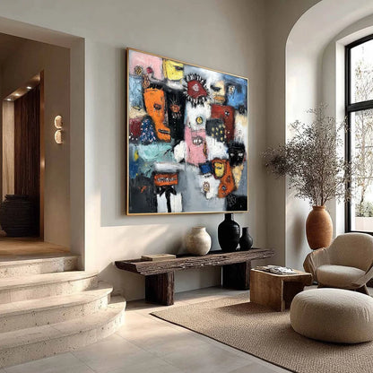 STATIC: Expressive Neo-Expressionist Abstract Faces Painting | multi-color palette, original oil on stretched canvas art