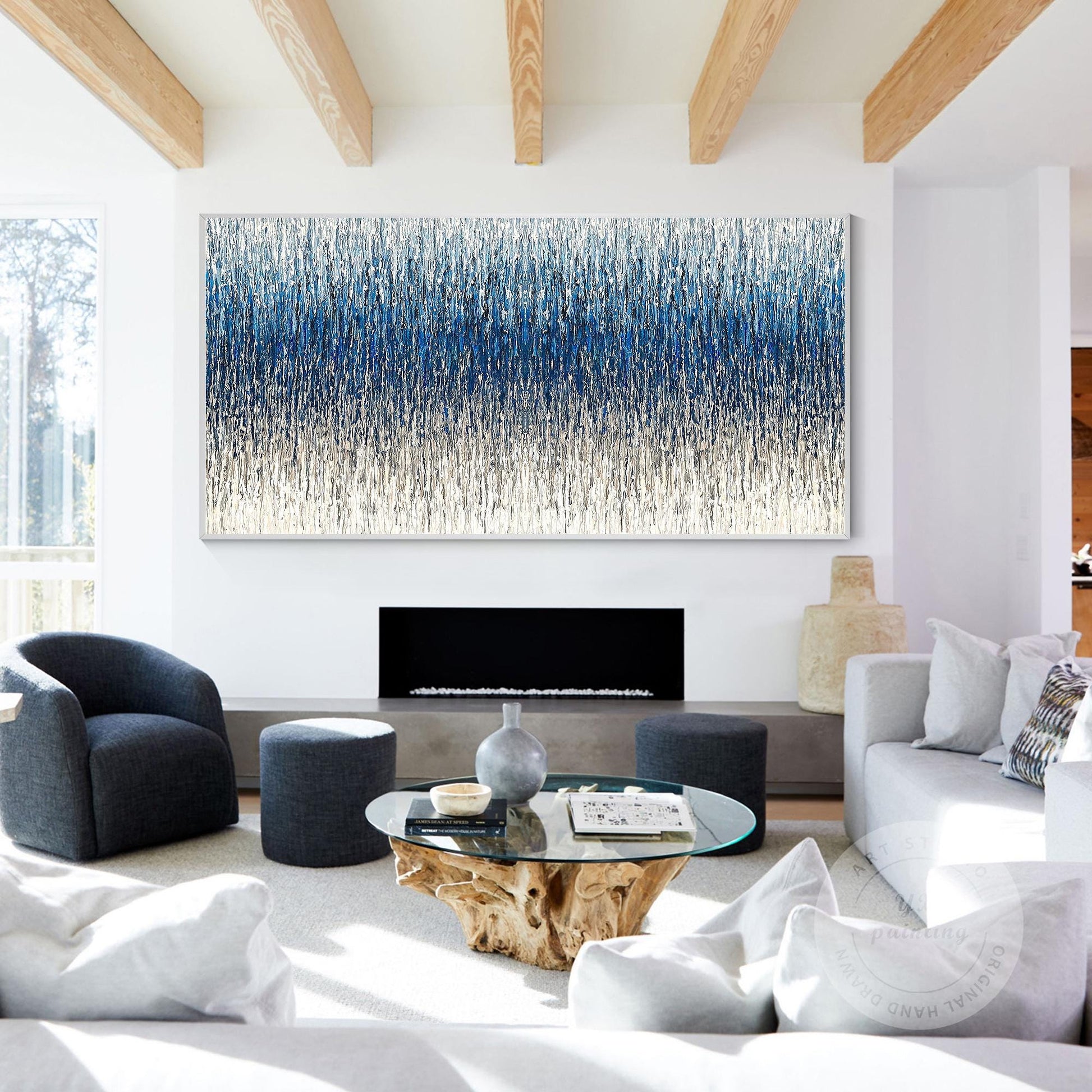 Steel Blue Gray Textured Abstract Painting, 3D Horizontal Wall Art Canvas, Extra #2
