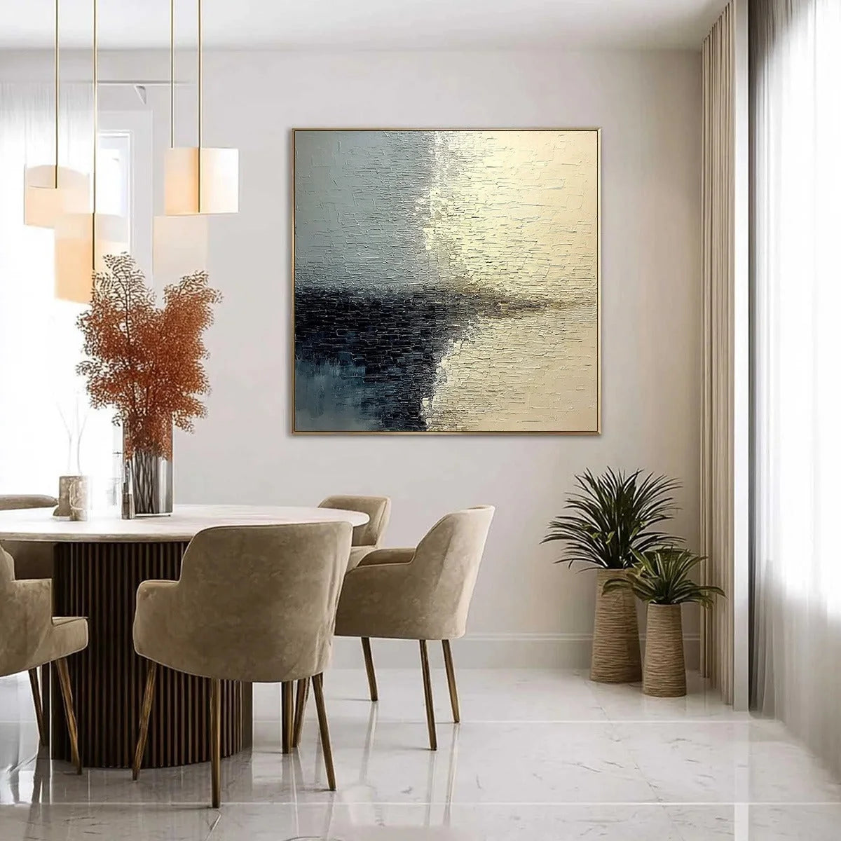 STONEHAVEN: Large Square Wabi Sabi Textured Abstract Painting | gold frame stretched on neutral wall