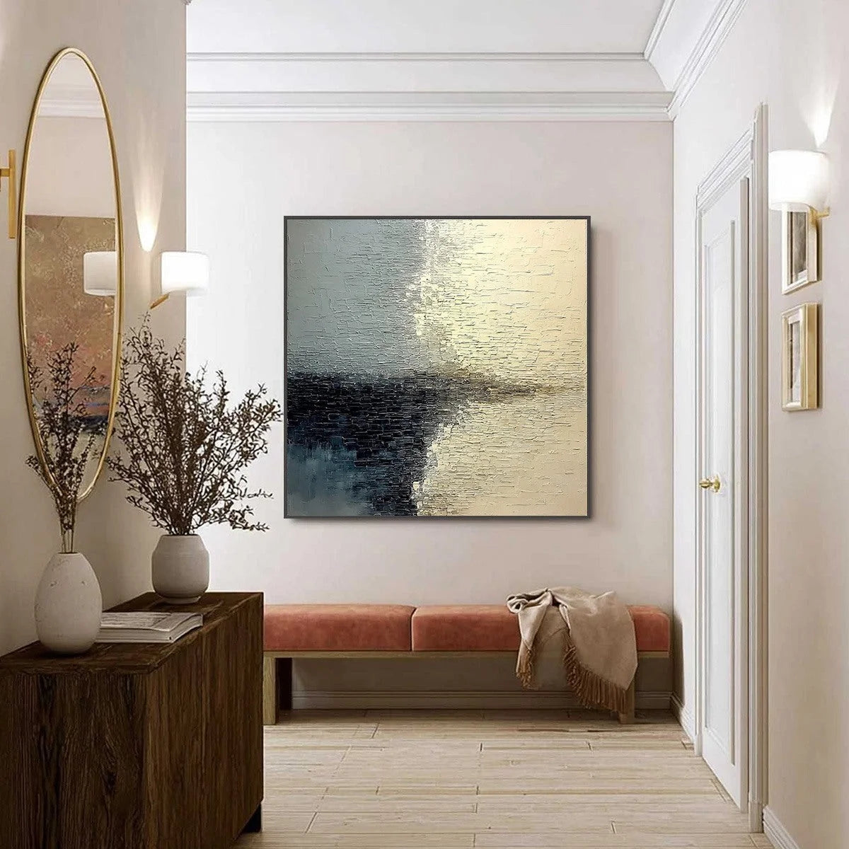 STONEHAVEN: Large Square Wabi Sabi Textured Abstract Painting | black frame version on white wall