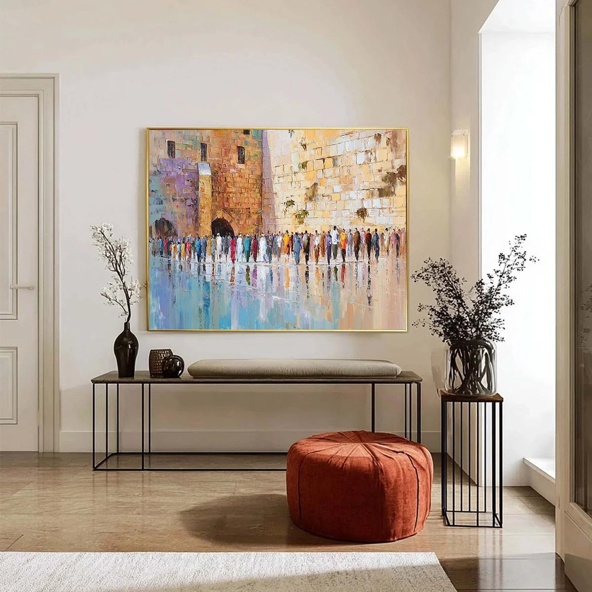STONES OF REVERENCE: Textured Palette Knife Painting of a Historic Pilgrimage | black frame version on white wall