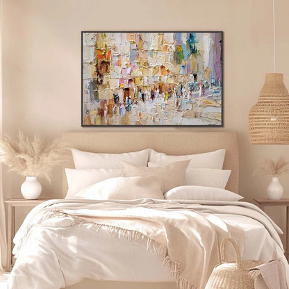 STONES OF SOLACE: Textured Impasto Painting of an Ancient Cityscape | gold frame stretched on neutral wall