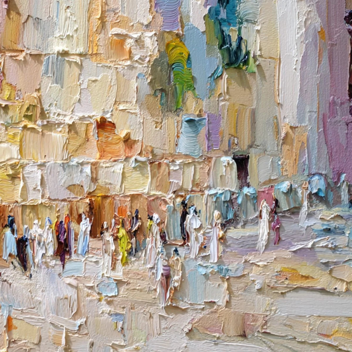 STONES OF SOLACE: Textured Impasto Painting of an Ancient Cityscape | black frame version on white wall