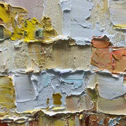 STONES OF SOLACE: Textured Impasto Painting of an Ancient Cityscape | Abstract mood, soft natural light studio shot