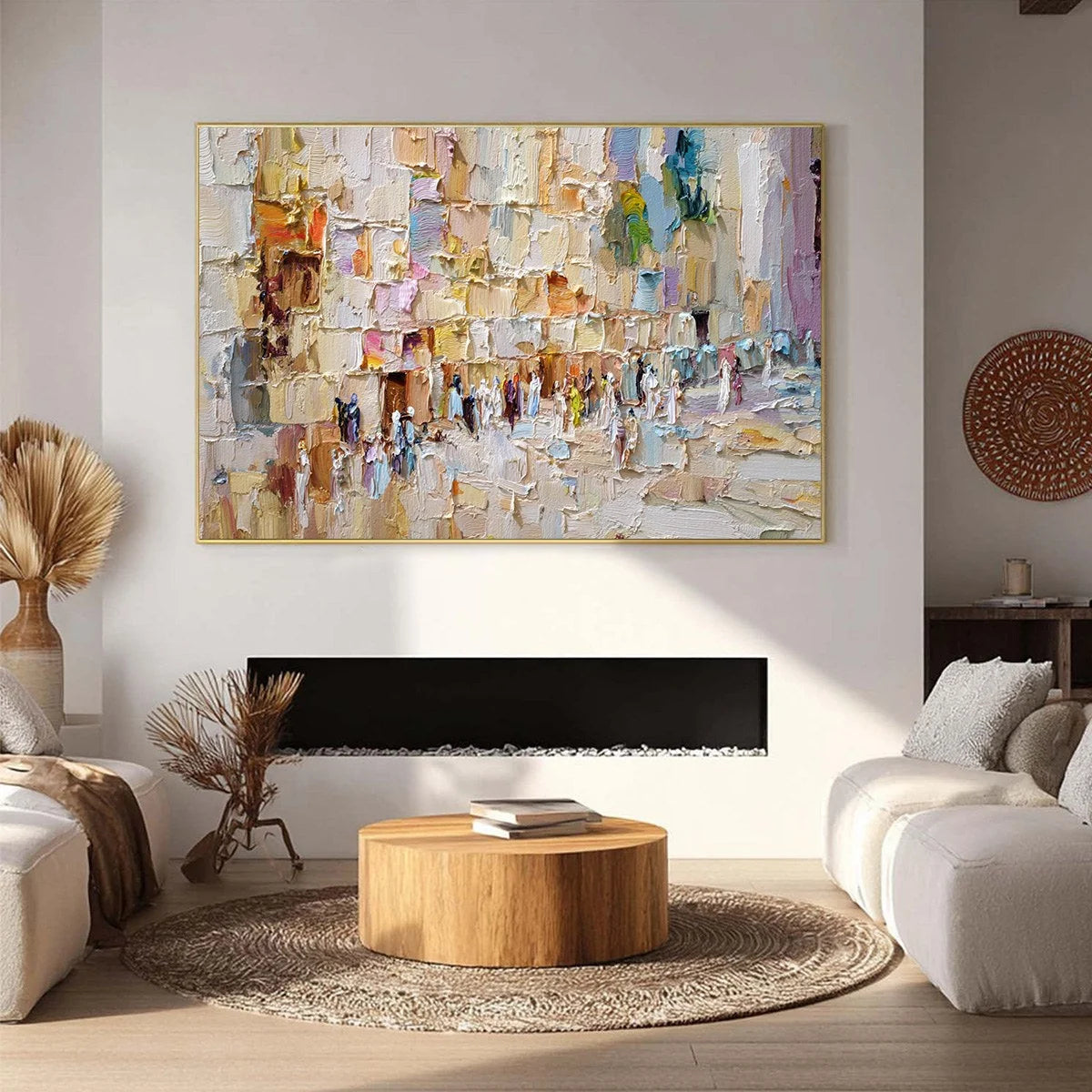 STONES OF SOLACE: Textured Impasto Painting of an Ancient Cityscape | texture detail, palette knife marks visible
