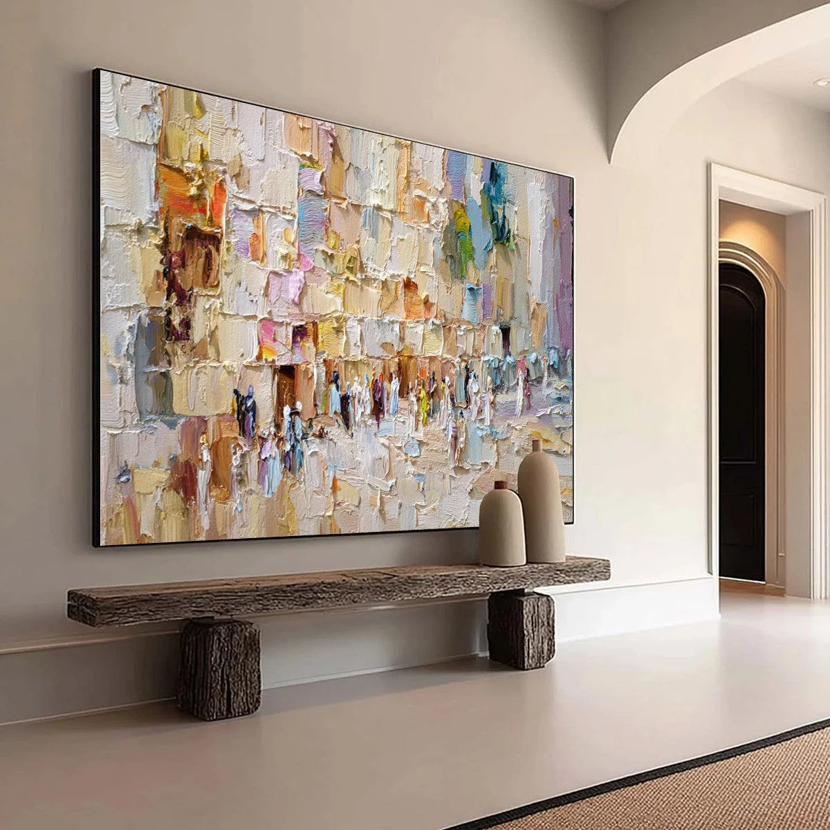 STONES OF SOLACE: Textured Impasto Painting of an Ancient Cityscape | texture detail, palette knife marks visible