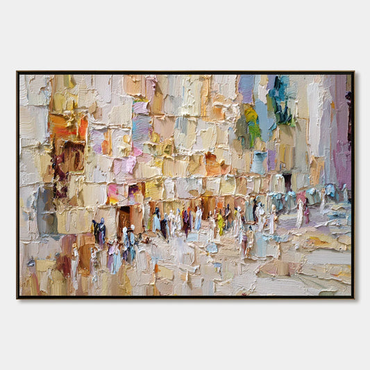 STONES OF SOLACE: Textured Impasto Painting of an Ancient Cityscape | hanging in living room, Abstract wall art
