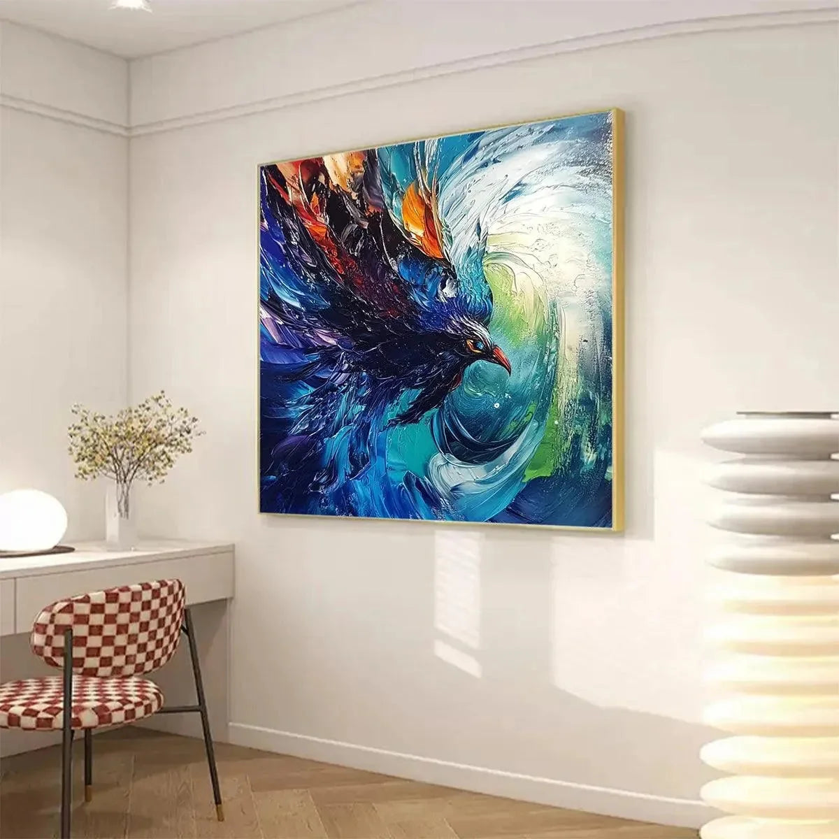 STORM RAZOR: Dynamic Impasto Bird Painting | gold frame stretched on neutral wall