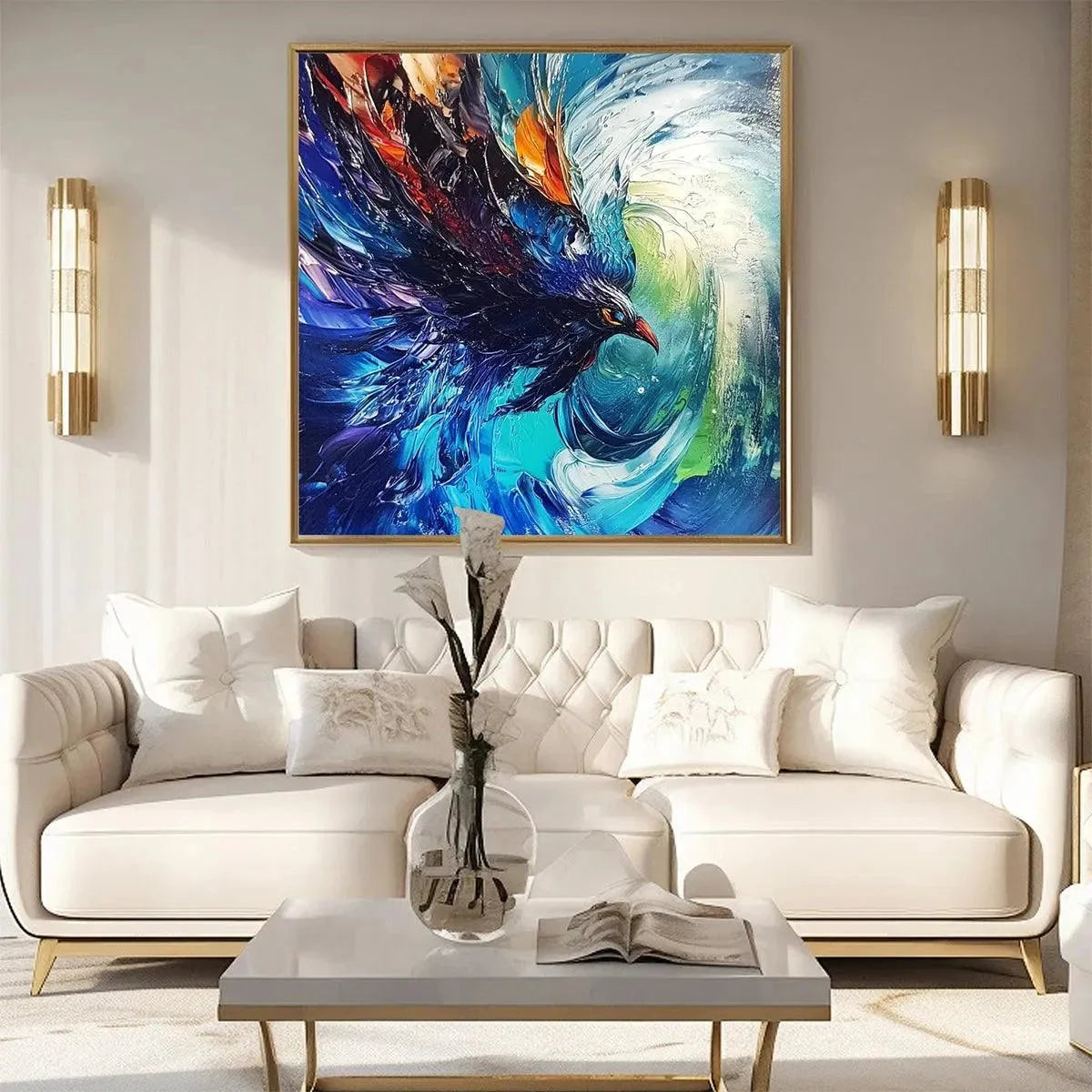 STORM RAZOR: Dynamic Impasto Bird Painting | black frame version on white wall