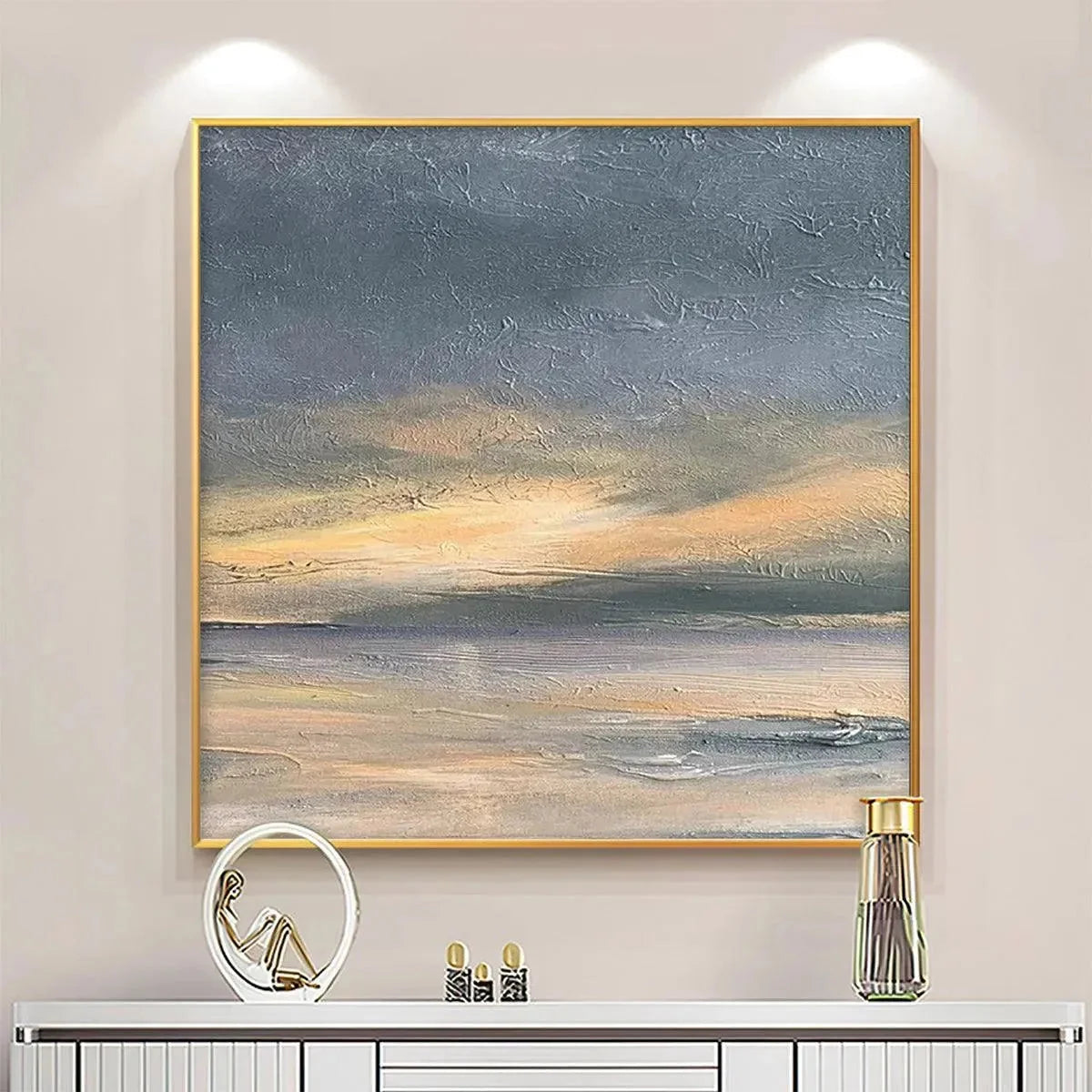 STORMY SEASCAPE: Textured Seascape Painting, Square Wall Art | black frame version on white wall