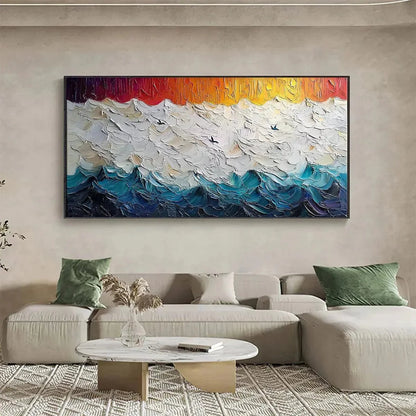 STORMY SKIES: Panoramic Ocean Painting, Impasto, Palette Knife | Abstract closeup, raised brushwork detail