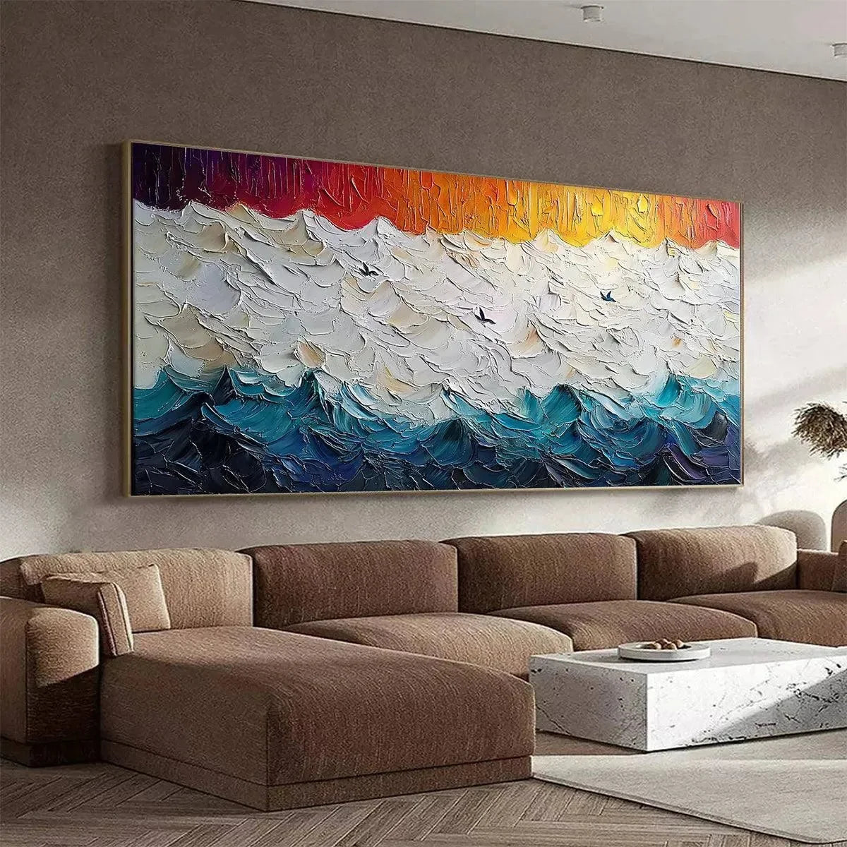 STORMY SKIES: Panoramic Ocean Painting, Impasto, Palette Knife | rectangular format, hand-painted canvas edge