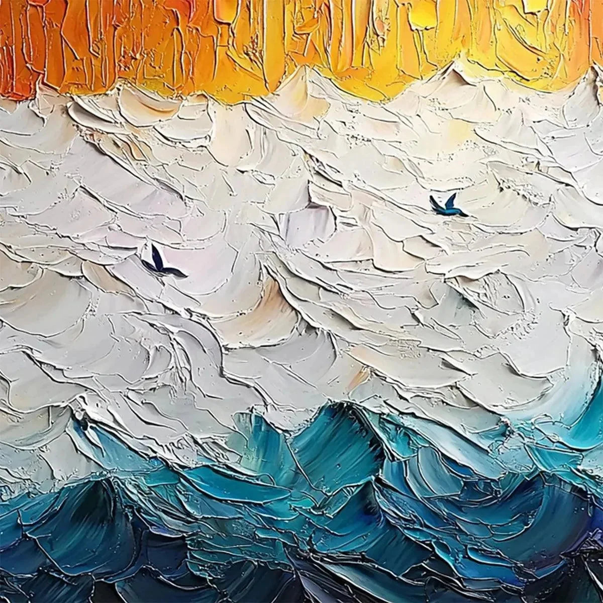 STORMY SKIES: Panoramic Ocean Painting, Impasto, Palette Knife | gold frame stretched on neutral wall