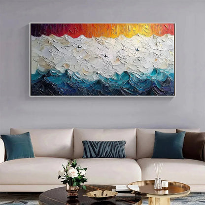 STORMY SKIES: Panoramic Ocean Painting, Impasto, Palette Knife | black frame version on white wall