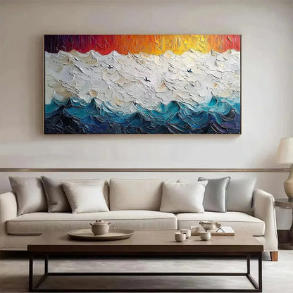 STORMY SKIES: Panoramic Ocean Painting, Impasto, Palette Knife | Abstract mood, soft natural light studio shot