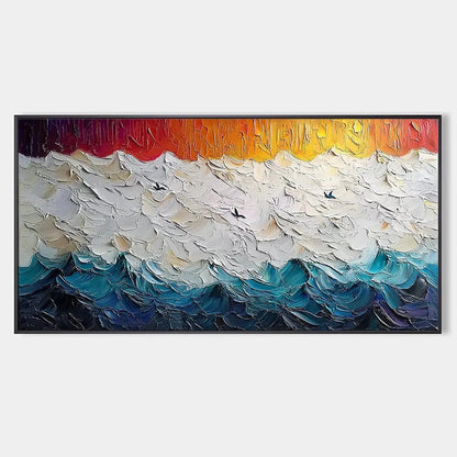 STORMY SKIES: Panoramic Ocean Painting, Impasto, Palette Knife | hanging in living room, Abstract wall art