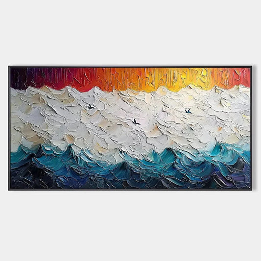 STORMY SKIES: Panoramic Ocean Painting, Impasto, Palette Knife | hanging in living room, Abstract wall art