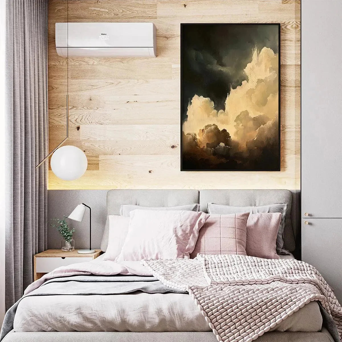 STORMY SKIES: Textured Cloudscape Painting, Vertical Wall Art | gold frame stretched on neutral wall