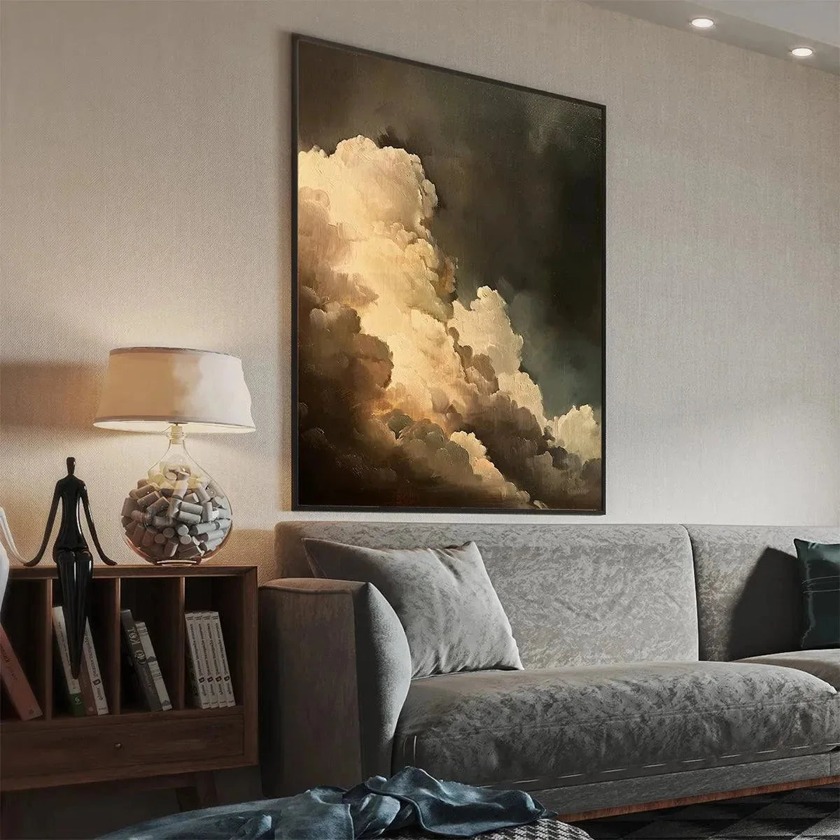 EVENING CLOUDS: Textured Cloudscape Painting, Vertical Wall Art | gold frame stretched on neutral wall