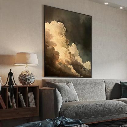 EVENING CLOUDS: Textured Cloudscape Painting, Vertical Wall Art | gold frame stretched on neutral wall