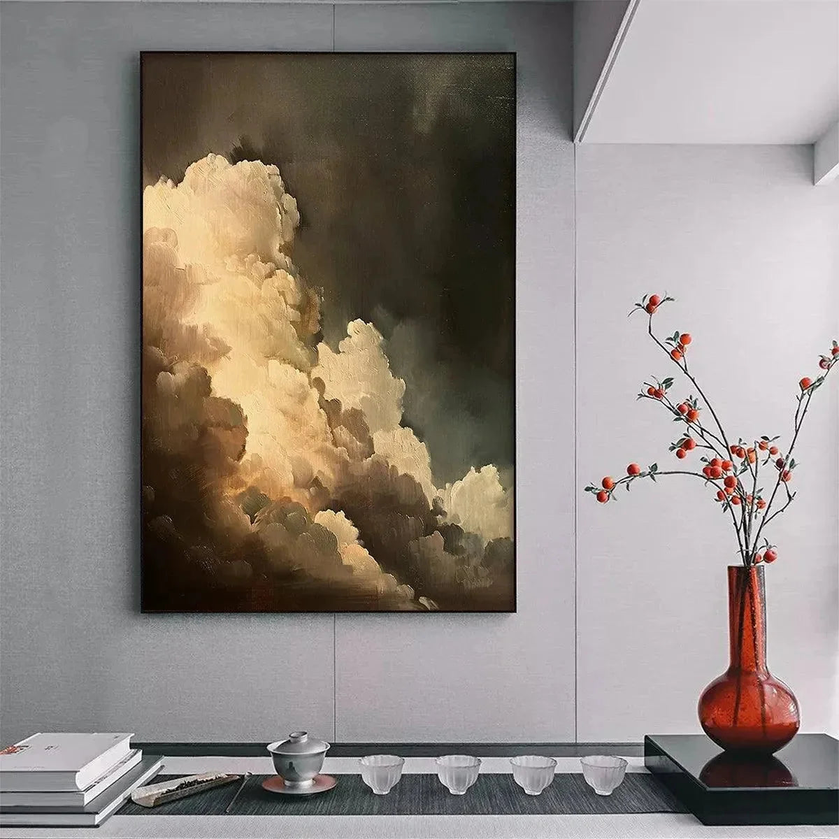 EVENING CLOUDS: Textured Cloudscape Painting, Vertical Wall Art | Abstract mood, soft natural light studio shot