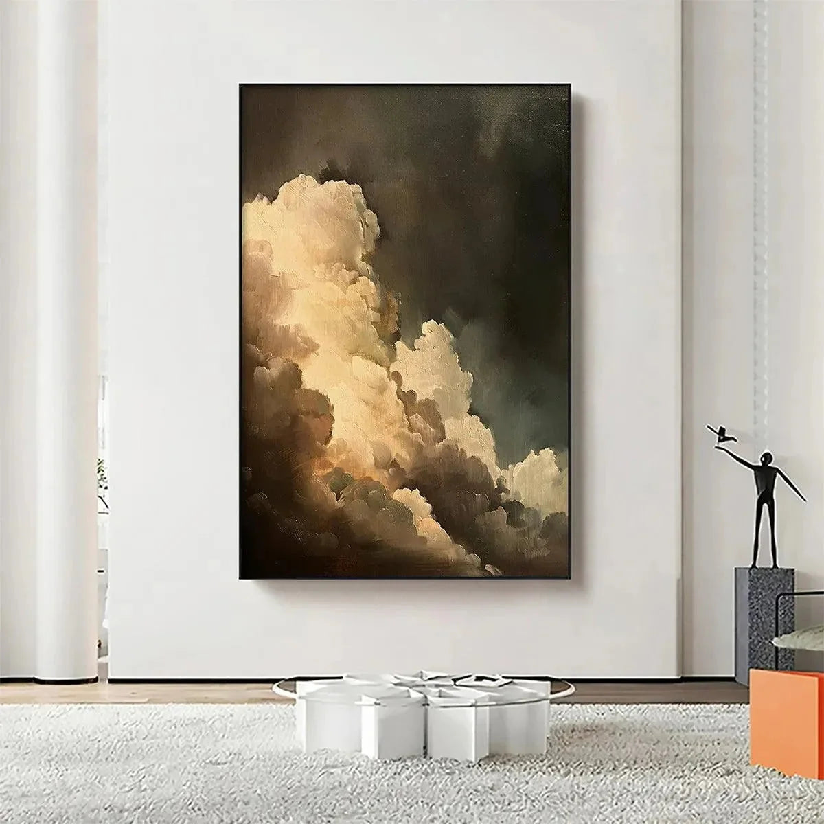 EVENING CLOUDS: Textured Cloudscape Painting, Vertical Wall Art | beige palette, original Hand-painted on premium stretched canvas using artist-grade oils; rich layered surface combines smooth grad...