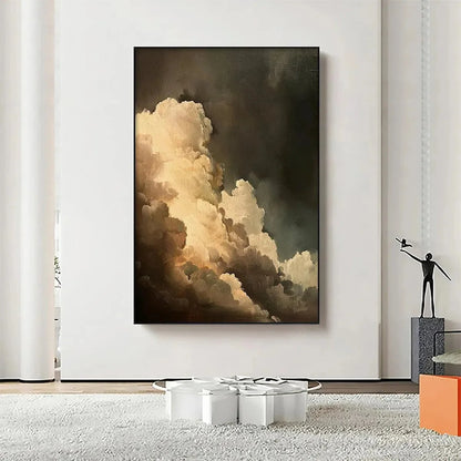 EVENING CLOUDS: Textured Cloudscape Painting, Vertical Wall Art | beige palette, original Hand-painted on premium stretched canvas using artist-grade oils; rich layered surface combines smooth grad...