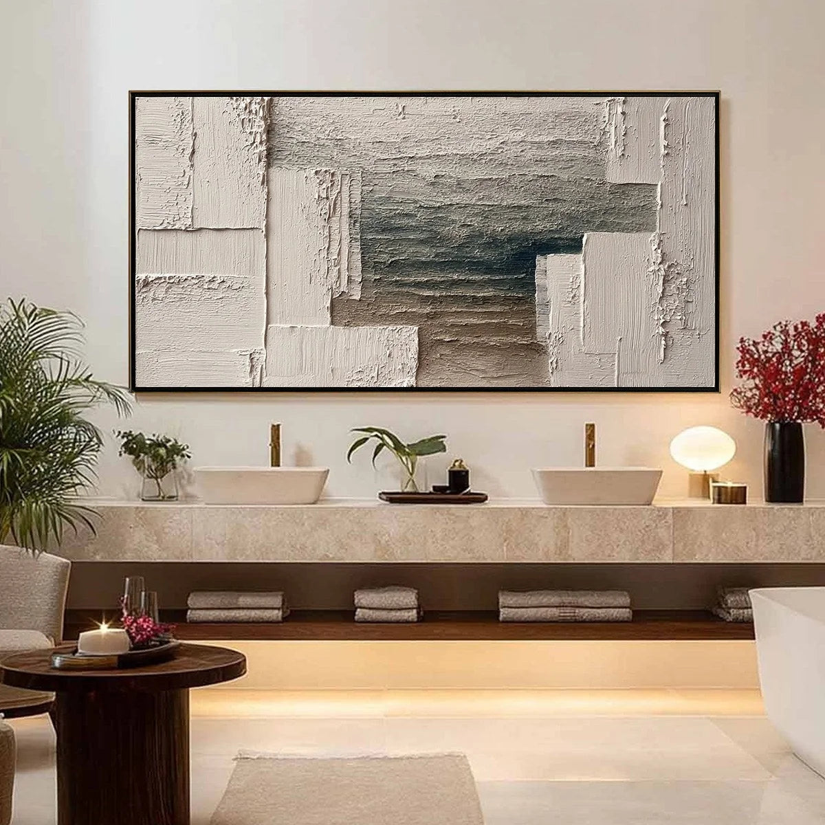 STRATA: Large Horizontal Textured Wabi Sabi Abstract Painting | gold frame stretched on neutral wall