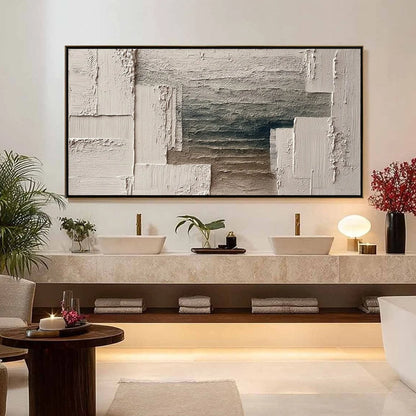 STRATA: Large Horizontal Textured Wabi Sabi Abstract Painting | gold frame stretched on neutral wall