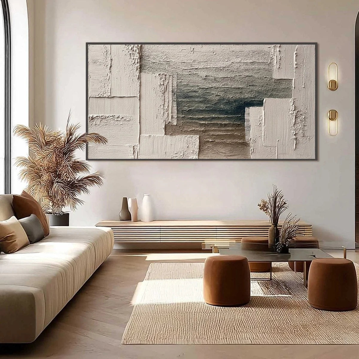 STRATA: Large Horizontal Textured Wabi Sabi Abstract Painting | black frame version on white wall