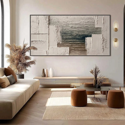 STRATA: Large Horizontal Textured Wabi Sabi Abstract Painting | black frame version on white wall