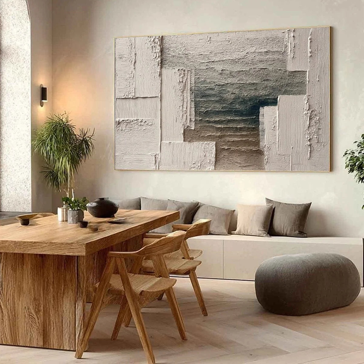STRATA: Large Horizontal Textured Wabi Sabi Abstract Painting | Abstract mood, soft natural light studio shot