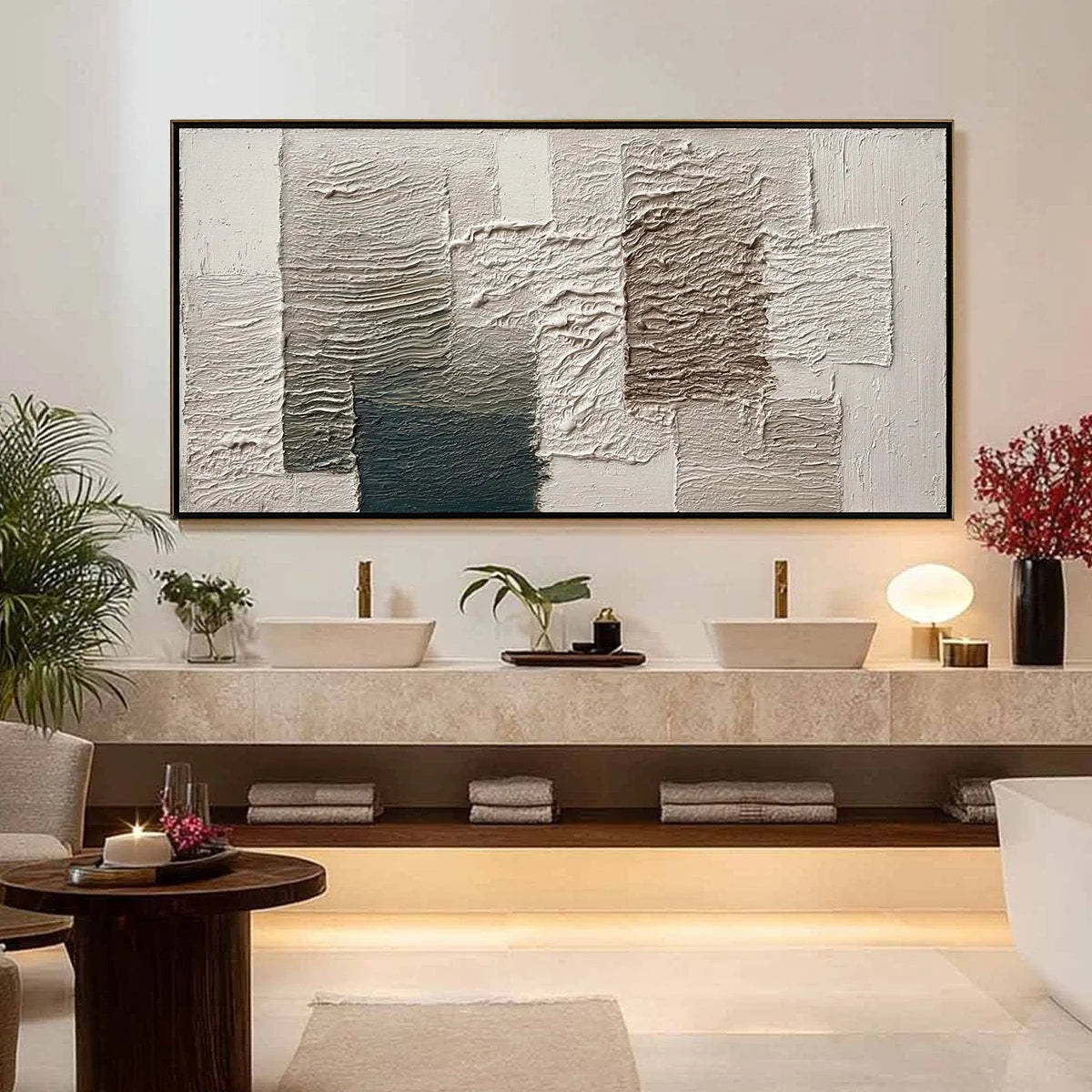 STRATA: Large Textured Wabi Sabi Abstract Painting | gold frame stretched on neutral wall