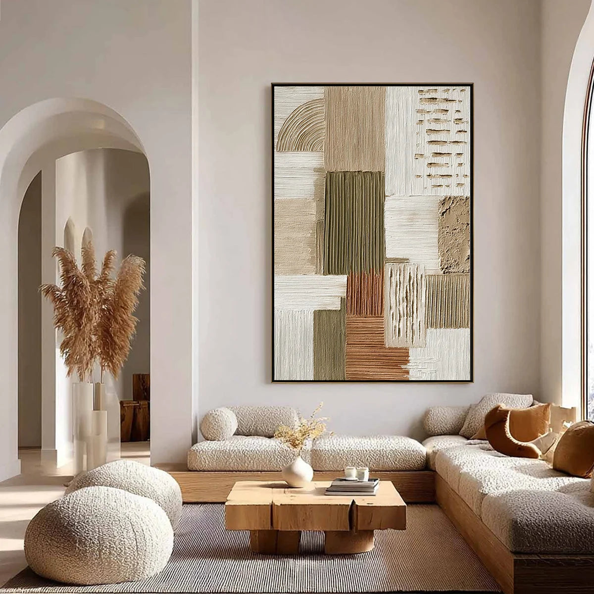 STRATA Textured Abstract Neutral Oil Painting for Modern Wall Art | gold frame stretched on neutral wall