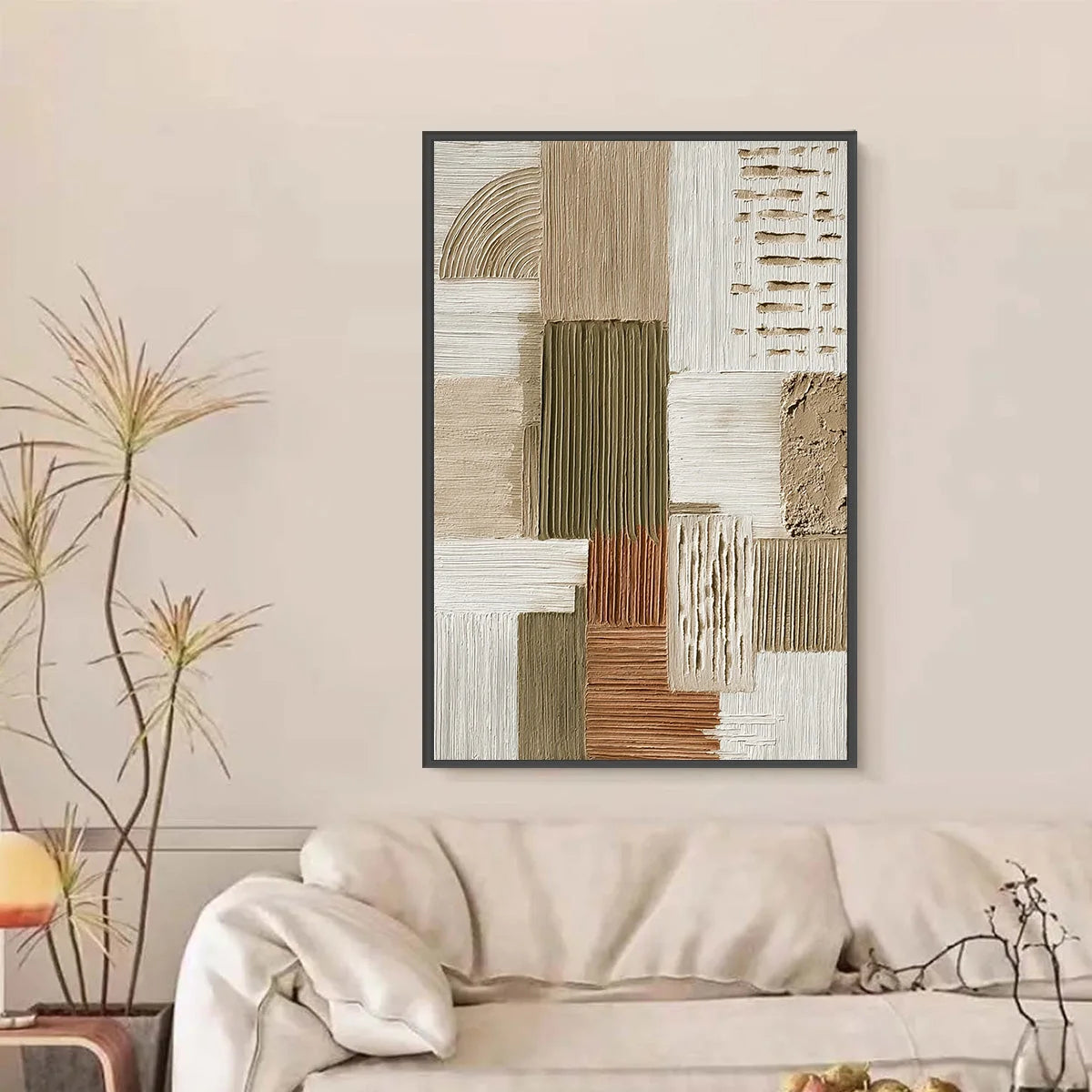 STRATA Textured Abstract Neutral Oil Painting for Modern Wall Art | black frame version on white wall