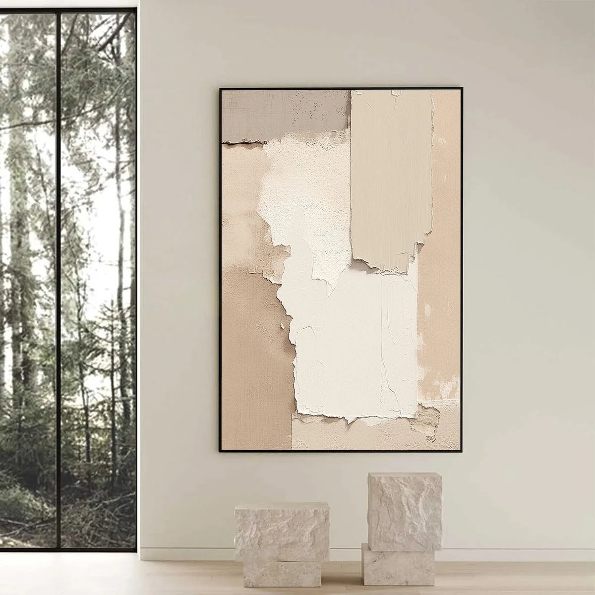 STRATA: Textured Neutral Abstract Wabi Sabi Wall Art | black frame version on white wall