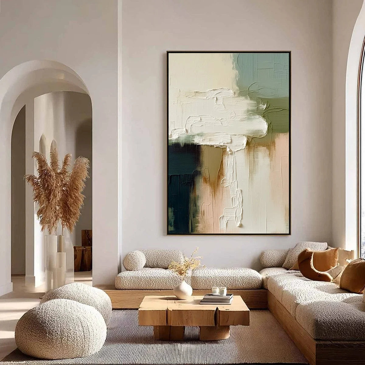STRATA: Textured Wabi Sabi Style Abstract Impasto Painting | gold frame stretched on neutral wall