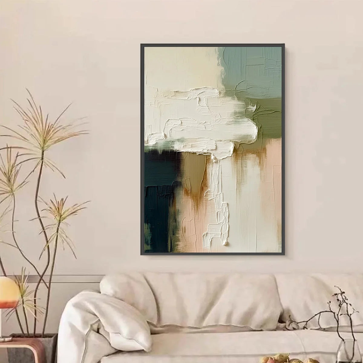 STRATA: Textured Wabi Sabi Style Abstract Impasto Painting | black frame version on white wall