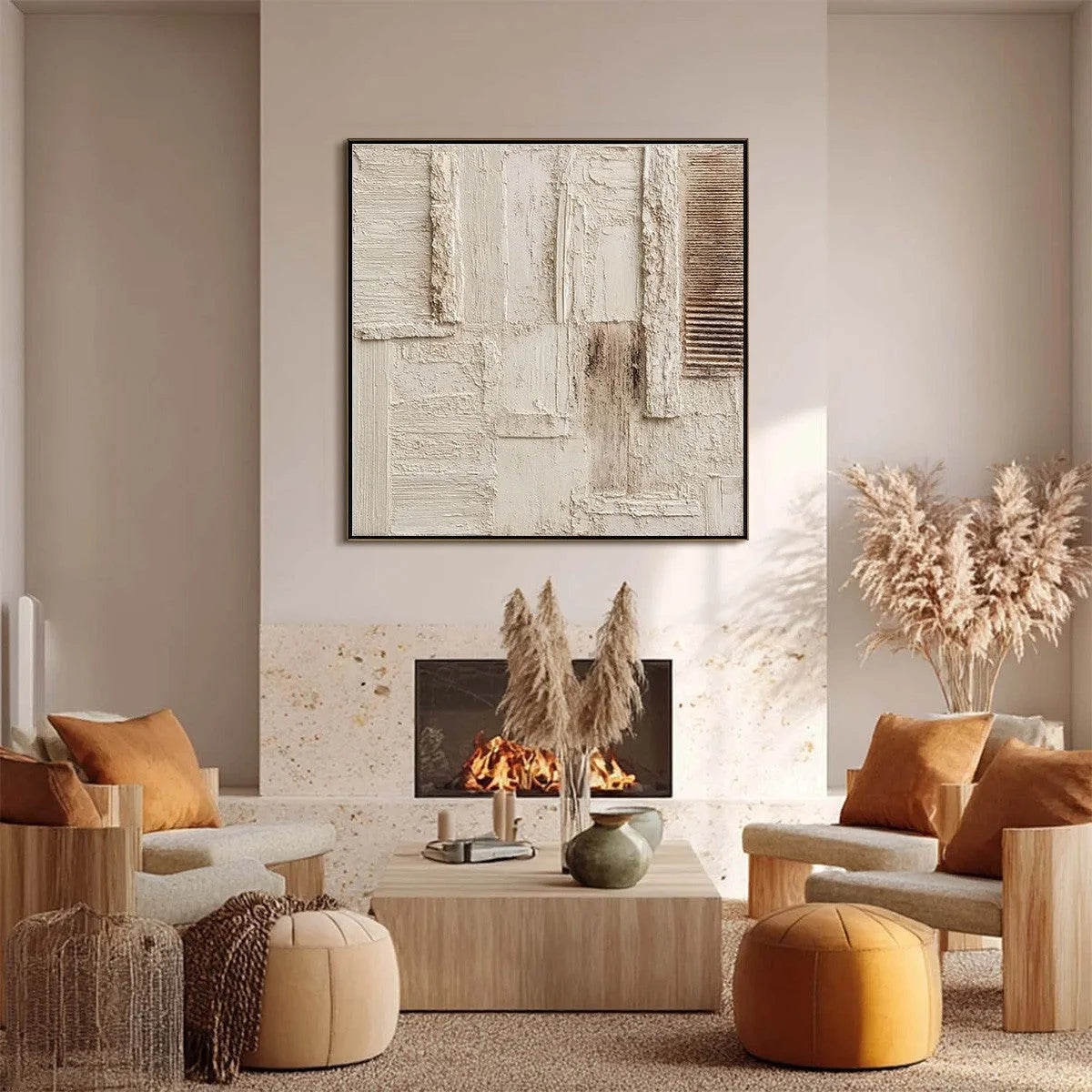 STRATA: Textured Wabi Sabi Abstract Painting in Neutral Tones | gold frame stretched on neutral wall