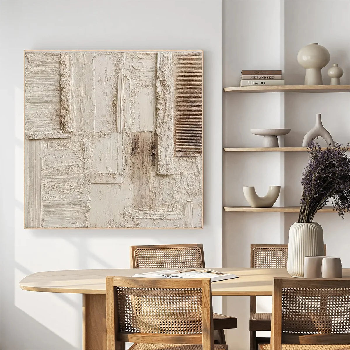STRATA: Textured Wabi Sabi Abstract Painting in Neutral Tones | black frame version on white wall