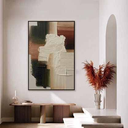 STRATA: Vertical Wabi Sabi Textured Abstract Painting | gold frame stretched on neutral wall