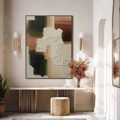 STRATA: Vertical Wabi Sabi Textured Abstract Painting | black frame version on white wall