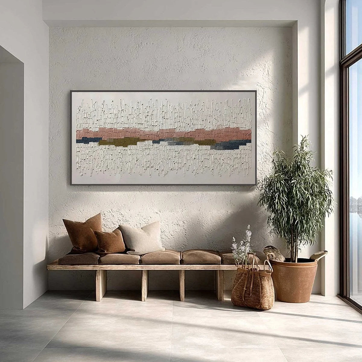 STRATA: Wabi Sabi Textured Abstract Horizontal Wall Art | gold frame stretched on neutral wall
