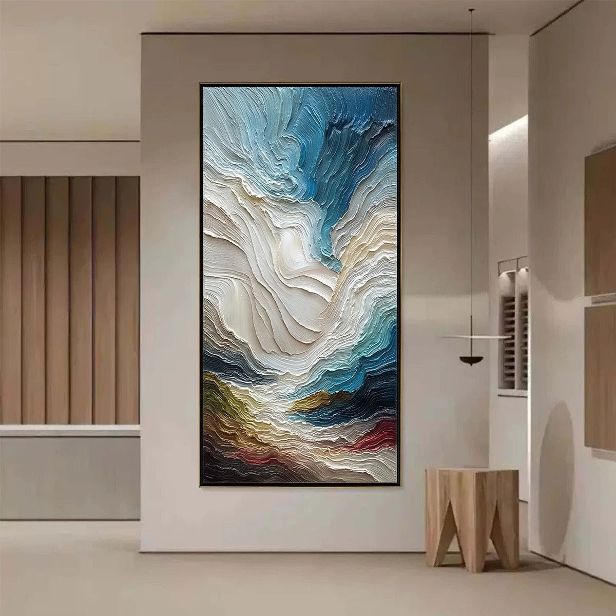 STRATUM: Vertical Abstract Impasto Landscape Painting | gold frame stretched on neutral wall