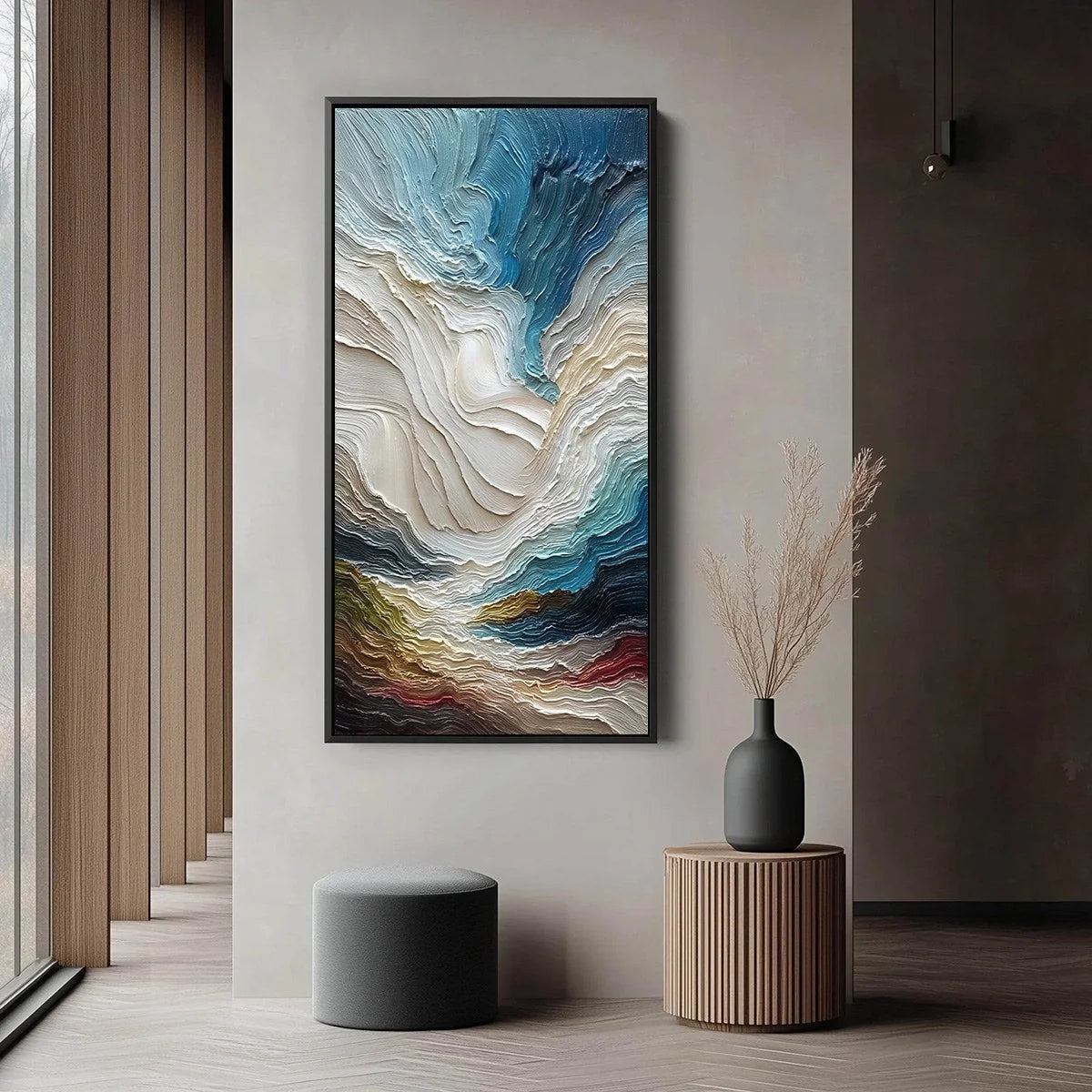 STRATUM: Vertical Abstract Impasto Landscape Painting | black frame version on white wall