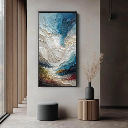 STRATUM: Vertical Abstract Impasto Landscape Painting | black frame version on white wall