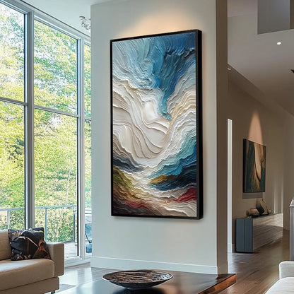 STRATUM: Vertical Abstract Impasto Landscape Painting | Abstract mood, soft natural light studio shot