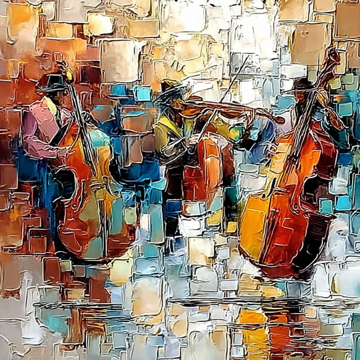 STREET SYMPHONY: Textured Impasto Painting of a Musical Quartet | rectangular format, hand-painted canvas edge