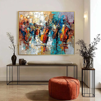 STREET SYMPHONY: Textured Impasto Painting of a Musical Quartet | gold frame stretched on neutral wall