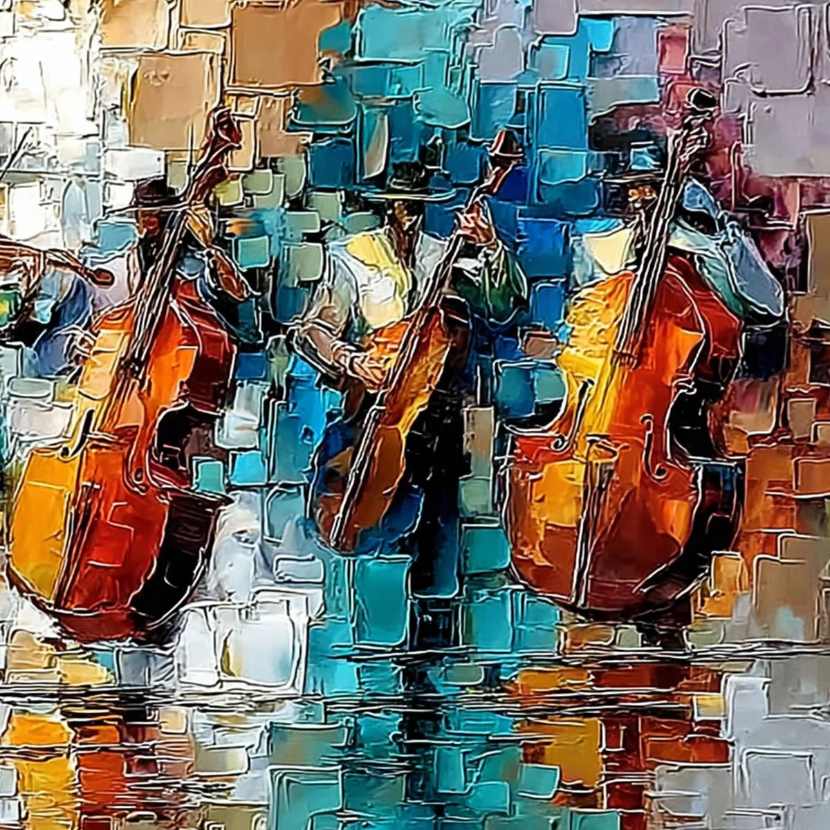 STREET SYMPHONY: Textured Impasto Painting of a Musical Quartet | rolled canvas, ready for custom framing